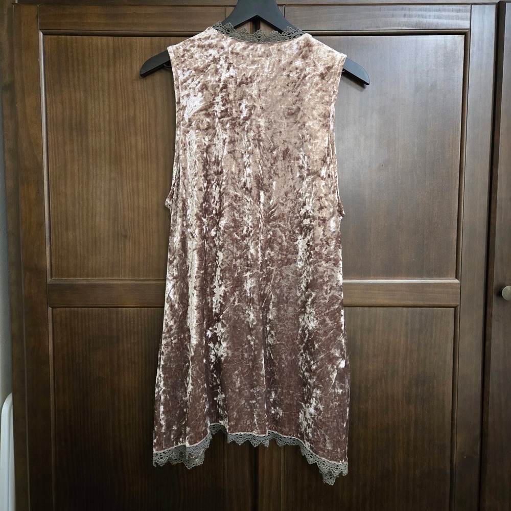 Listicle Womens Crushed Velvet Open Front Vest Mauve Lace Trim LJ0053 Size M - Picture 3 of 10